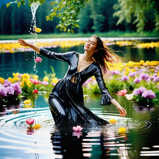 Prompt: photo of young woman, in soaking wet clothes, wet Shiny black high-heeled shoes, clingy flowery flared leggings, soaking-wet long-sleeved ankle-length tie-dye ballgowns,  , somersaulting underwater in a lake with flowers floating around them,   enjoying, wet clothes stuck to body,  detailed textures of the wet clothes, wet face, wet plastered hair,  wet, drenched, professional, high-quality details, full body view , Two beautiful women (Janet and Julia) are doing this. Janet has pink hair, while Julia has red hair. Both women are wearing lots of jewellery.