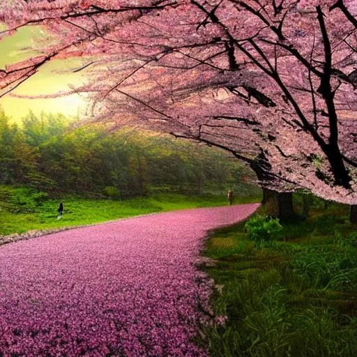 Prompt: cherry blossoms creating a path into the forest, pink sunrise, sparrows flying in the sky, realistic