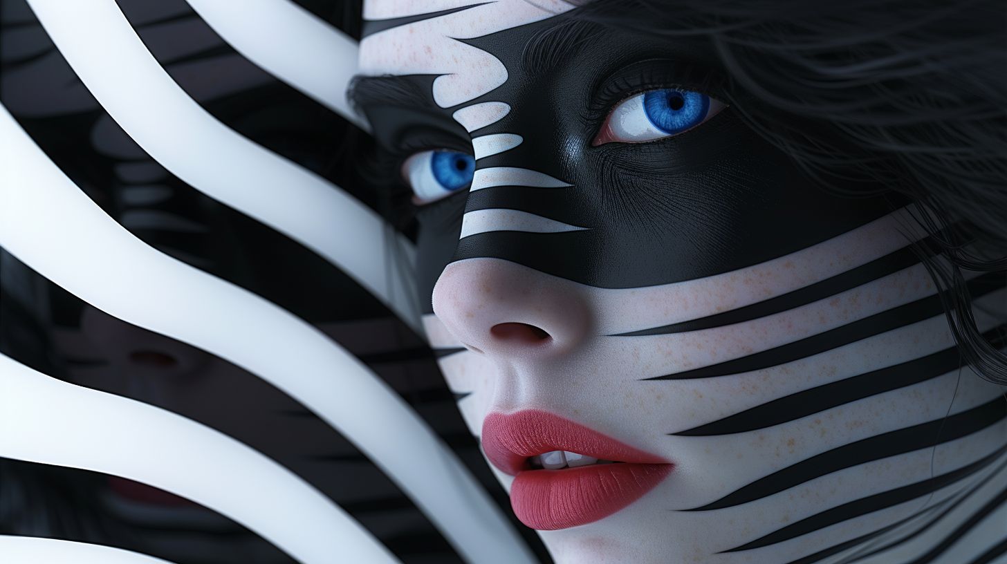 Prompt: a woman with blue eyes and black and white stripes on her face and behind her is a mirror with a black and white strip, Android Jones, gothic art, behance hd, an ambient occlusion render