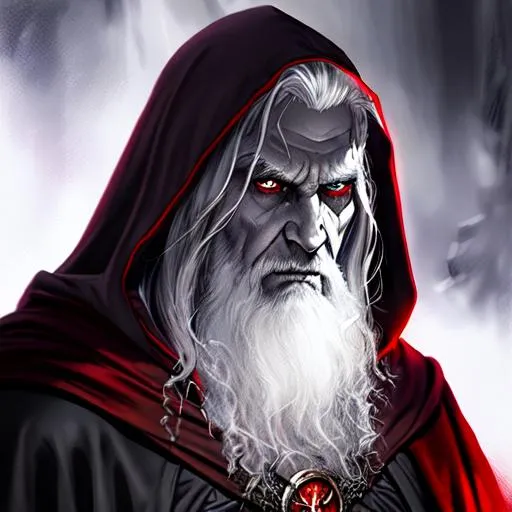 Prompt: highest quality concept art masterpiece, fantasy, digital drawing, photo realistic, 
ravenloft, vampire, tiefling, lich, grey hair, old, angry, wrinkled,
night, mists, red cloak, wizard