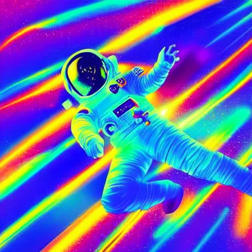 Prompt: hologram of an astronaut floating in space, a vibrant psychedelic illustration, dribble, quantum wave tracing, black background, 