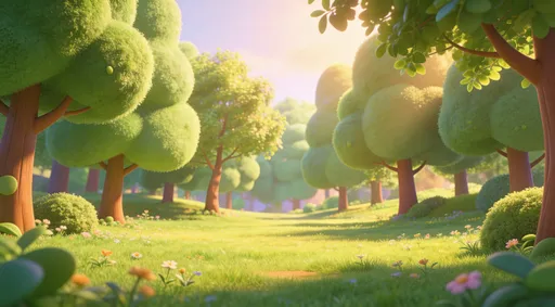 Prompt: cute children’s storybook forest background,
soft rounded green trees,
open clearing in the center,
gentle grassy ground with small flowers,
warm sunlight filtering through leaves,
pastel color palette,
Pixar-style 3D but original,
calm and peaceful mood,
safe for young children,
no dark shadows,
no scary elements,
no characters,
simple composition,
wide landscape view,
soft depth of field