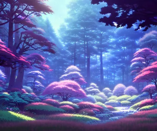 Prompt: A beautiful ultradetailed anime illustration landscape shot of a mystical dark forest.  A magical cottage is in the middle of the forest.  The forest has a lot of vibrant plants.  Art by Sylvain Sarrailh, studio ghibli, beeple, makoto shinkai, and thomas kinkade, anime art wallpaper 4k, trending on artstation, diffused colors