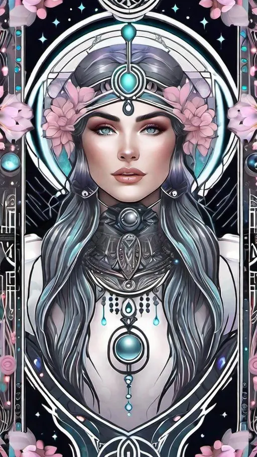Prompt: tarot card style + intricate border + young soft featured goddess portrait, detailed sci-fi illustration, planets, pentagram + intricate Celtic illustration + 
