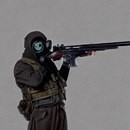 Prompt: Gas Mask Soldier Aiming Rifle