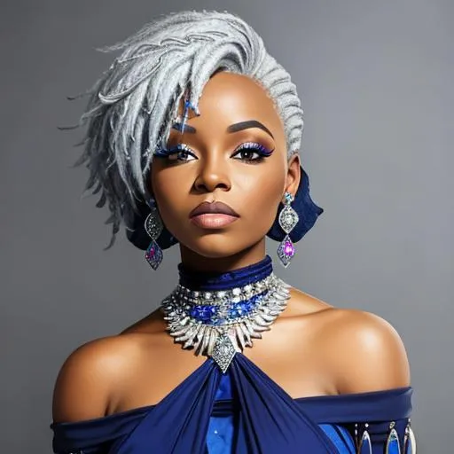 Prompt: A n African-American woman with silver hair, wearing sapphire jewelry 