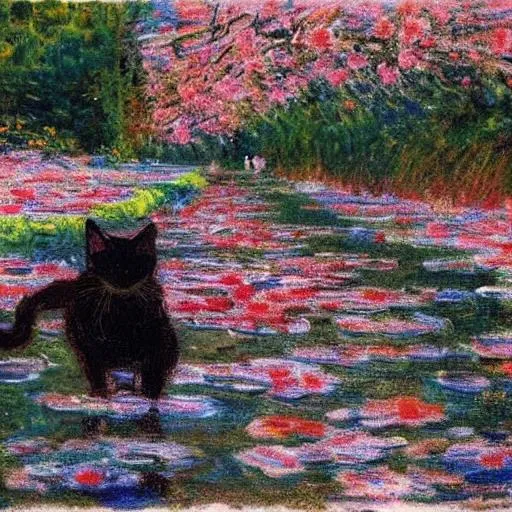 Prompt: black cat cherry blossoms monet