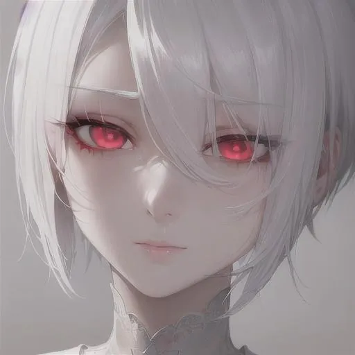 Prompt: "A close-up photo of a gorgeous short pure white haired woman, predator like red eyes, in hyperrealistic detail, with a slight hint of loneliness in her eyes. Her face is the center of attention, with a sense of allure and mystery that draws the viewer in, but her eyes are also slightly downcast, as if a sense of loneliness is lingering in her thoughts. The detailing of her face is stunning, with every pore, freckle, and line rendered in vivid detail, but the image also captures the subtle emotions of loneliness that might lie beneath her surface." Wearing a black night gown