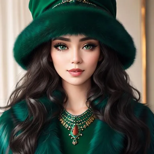 Prompt: Lady all in green, Long  very curly hair, wearing emerald jewelry,face front, blue fashion, fur hat and coat, pretty makeup, facial closeup