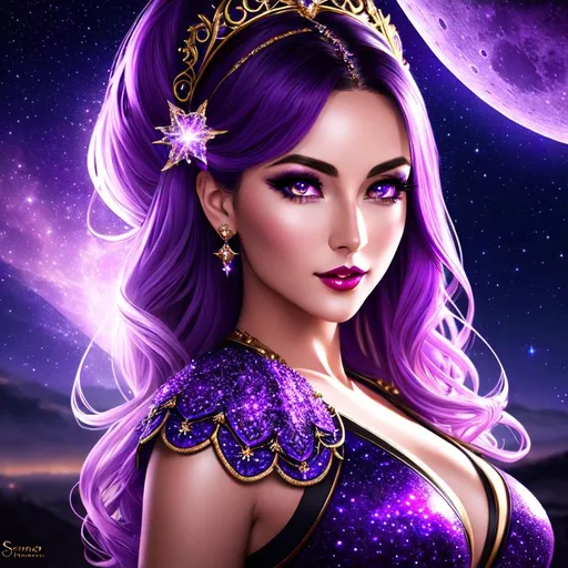 Prompt: Fantasy style, Stary night-time purple fantasy background, moon shining bright, a hyper realistic detailed image of a feminine woman, covered in nightly glow, looking straight ahead, body facing camera, camera top third of image, perfect composition, super detailed, sharp focus HDR, UDR, 120k, square jaw, slender upturned nose, full red lips, ((light silver and white coloured sheer dress)), silver shoulder plates, ((long curly blonde hair)), ((gold eyes)).