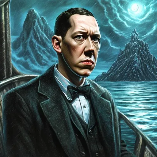 Prompt: H.P Lovecraft, sitting alone on a boat, sea background, photo realistic