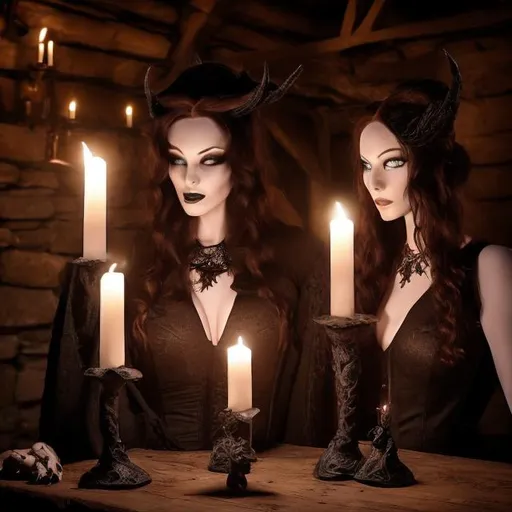 Prompt: Two stunning but dark sorceresses perform a spell in front of three acolytes.
They are beautiful and similar in appearance. One has darl auburn hair, the other black.they are dressed in sinister but stylish clothing with splits to show off their sexuality and anatomy. The building they are in is a barn conversion with old beams. Candles provide the light. There is a pentagram, stone altar of sacrifice, and tapestries dress some walls. The mood is dark and menacing. They perform a sacrifice together and embrace to power the magic.