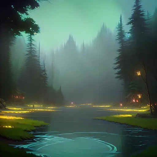 Prompt: Painting of pond in forest at midnight