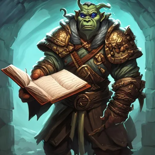 Prompt: DnD orc cleric with book in hand
