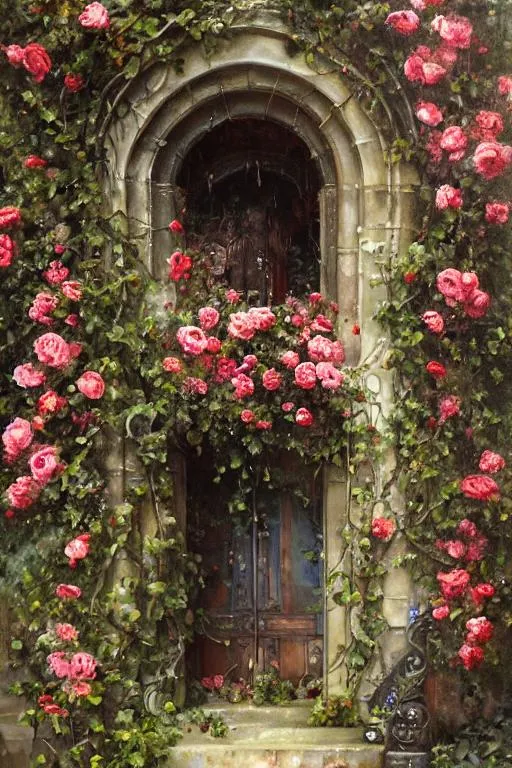Prompt: "Old arched door covered in roses and vines, beautiful, mist and rain, very intricate and hyper-detailed oil painting by Daniel F Gerhartz, Clint Cearley, Eve Ventrue, gorgeous, swirling ornamentals, fluid acrylic, elegant gradients, photorealistic, masterpiece, inviting, trending on Artstation, rich colors"