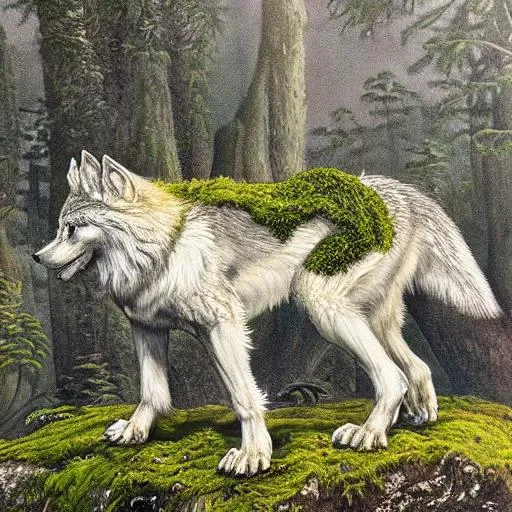 Prompt: insanely detailed greek wolf, moss growing over paws, ancient, Full HD, highly detailed, full body, perfect composition, complex intricate detail and quality