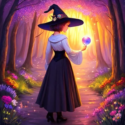 Prompt: a young witch with short hair, Disney style, witch hat, forest, flowers, sunset, galaxy, soft light, art, painting, sweet, fireflies, pastel, holding a crystal ball