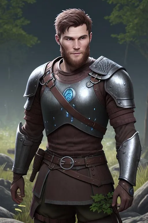 Prompt: Digital art, ((bright colors)) (((DreamShaper Version 1))), a 21-year-old viking man, subtle smile, round head, round face, short dark brown hair, brown hair, muscular, viking forest, green gear, silver armor, light green eyes, Tidal Class seal on chest armor, unreal engine 8k octane, 3d lighting.