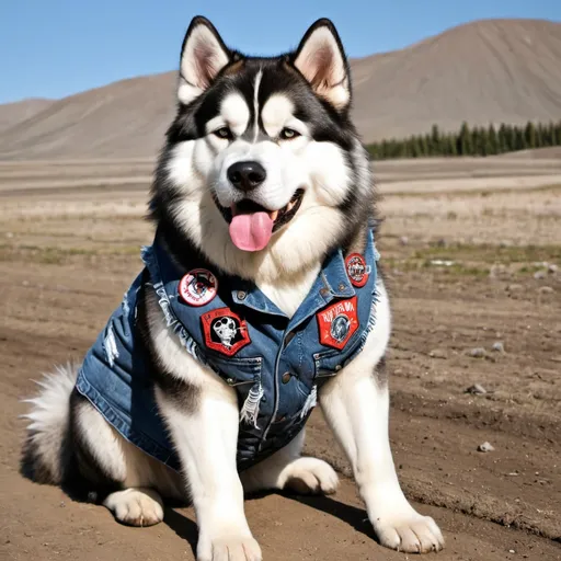 Prompt: Alaskan Malamute wearing a heavy metal music denim vest with patches