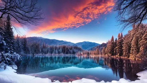 Prompt: realistic image of nature with trees, water, mountains, sunset, winter