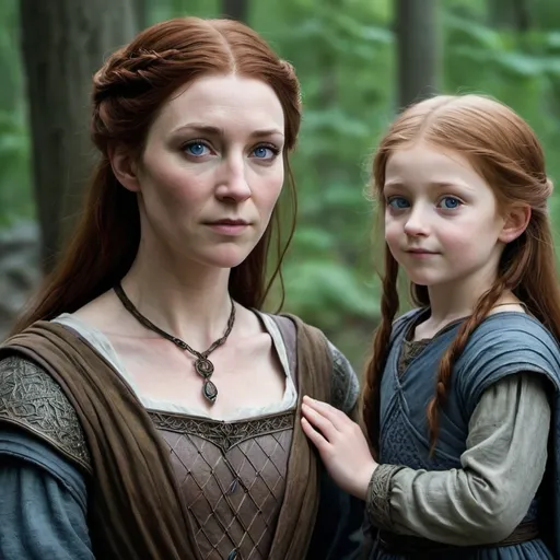 Prompt: hyper-realistic human female, Catelyn is beautiful, with fair skin, long auburn hair and blue eyes.She has long fingers and high cheekbones.Catelyn resembles her own mother, Minisa Whent. Her own sons Robb, Bran and Rickon, and daughter Sansa take after Catelyn in their coloring.Catelyn is a head shorter than her younger brother, Ser Edmure, and slightly taller than her eldest child,, fantasy character art, illustration, dnd, 