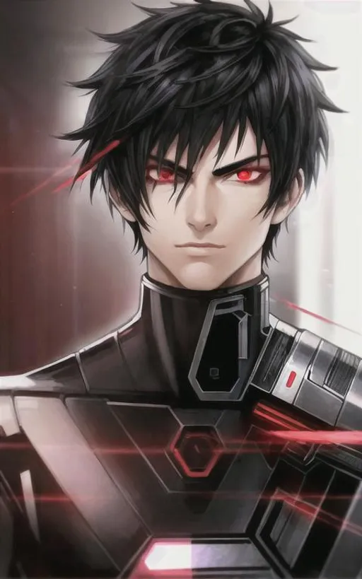 Prompt: Male hero with short black hair, portrait, red eyes, 4k, hyperrealisitic, cyberpunk suit