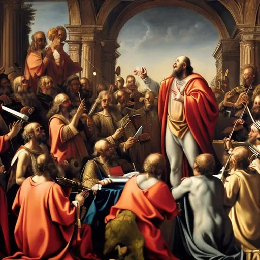 Prompt: painting of "God conducting the orchestra playing a private symphony to the Devil" in renaissance style
