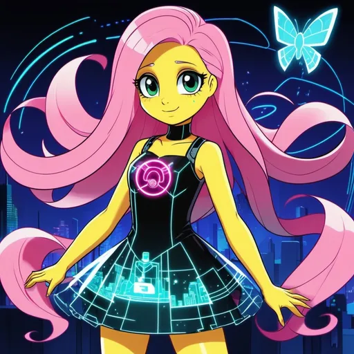 Prompt: Cyberpunk Equestria girls fluttershy wearing a hologram dress