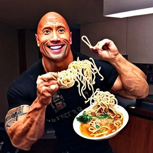 Dwayne Johnson eating a pizza whilst a huge explosio