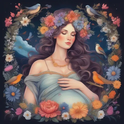 Prompt: A colourful and beautiful Persephone, flowers and gems in her hair. She is pregnant and lovingly cradling her belly. In a beautiful flowing dress made of wildflowers. Surrounded by birds and clouds. Framed by a nighttime sky of clouds. in a painted style