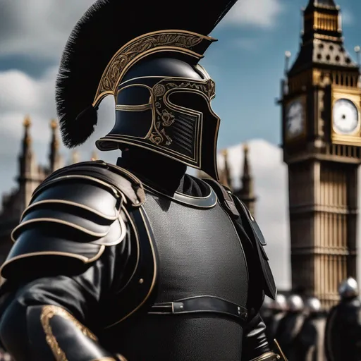 Prompt: A modern roman military male in black military armor galea helmet of roman armor, with a gunfire and gas mask, background Battle in London, UK, Hyperrealistic, sharp focus, Professional, UHD, HDR, 8K, Render, electronic, dramatic, vivid, pressure, stress, nervous vibe, loud, tension, traumatic, dark, cataclysmic, violent, fighting, Epic