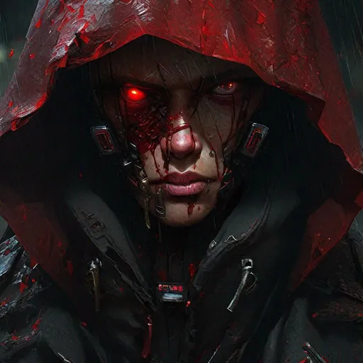 Prompt: "Insanely detailed face portrait photography of a Sinister Cyber Gunslinger with four arms ultrarealistic Black Trench Coat and Blood Red Poncho and red Eyes, intricate and hyperdetailed painting by Ismail Inceoglu Huang Guangjian and Dan Witz CGSociety ZBrush Central fantasy art album cover art 4K 64 megapixels 8K resolution HDR sharp focus zombiecore aetherpunk, CyberPunk Wild West"