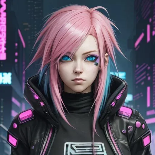 Prompt: Cyberpunk anime girl with pink hair and blue eyes 