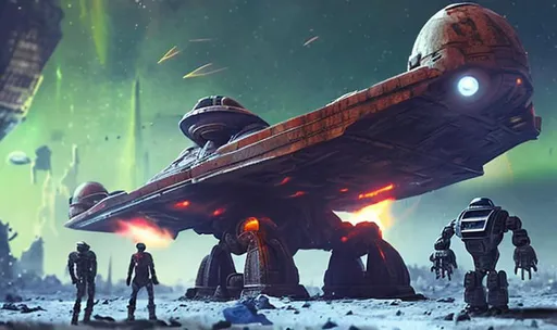 Prompt: ancient huge old rusty spaceship getting repaired  by robots dead city  sparks fire welding people working aurora many colours  enhance detail turret on spaceship real soldier thin landing gears symmetrical ship laser warzone dead body's on ground gun fight pew pew