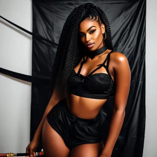 Prompt: HD photo of beautiful curvy black women with pink braided hair  in bondage, wearing black lingerie, laying on back,  bedroom, polyamory flag on the wall, beautiful black man, with whip in hand