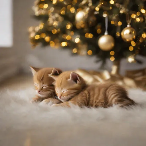 Prompt: kittens sleeping under a gold christmas tree