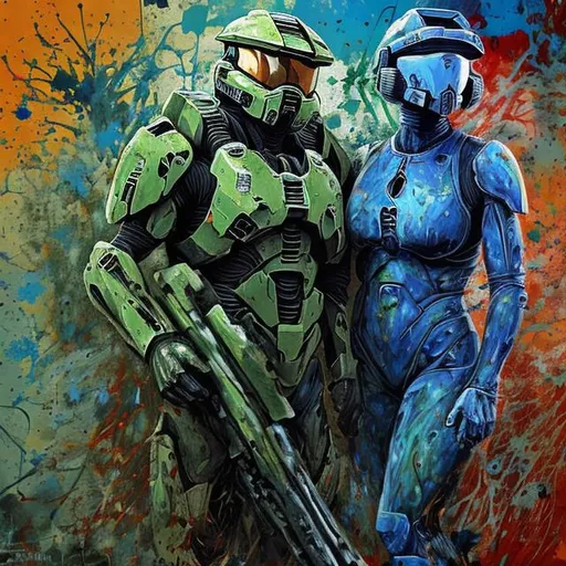 Prompt: Master Chief and Cortana
painted in the style of Jackson Pollock