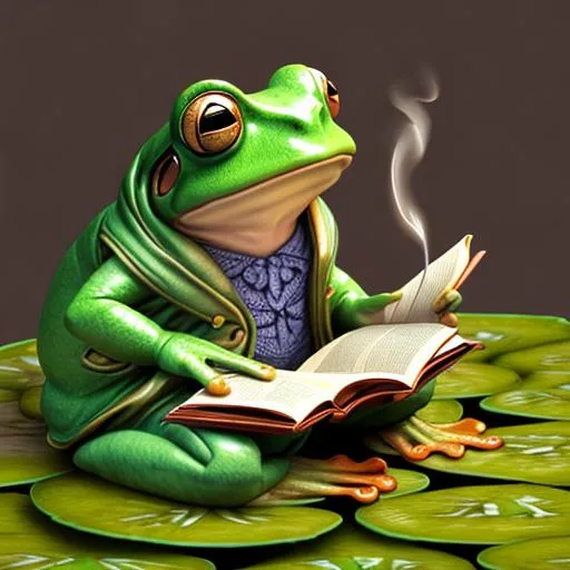 Prompt: Amazing detailed large anthropomorphic frog sitting on a lilypad, dressed in a robe, smoking a cigarette, reading a book, fantasy, magical, volumetric lighting, 3d render, cel shaded, masterpiece, funny