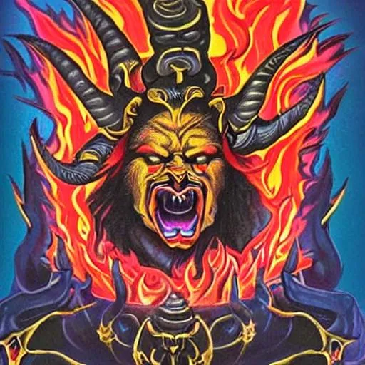 Prompt: Image of a shrine to a great & terrible God. Horrific. Hideous. The embodiment of rage and cult control. Enshrined Symmetric abstracted icon of a stylized vengeful Satanic god of partying, Enshrined by Flames. Mouth agape and angry. Worship. Fear. Awe. Goat-like. Spiteful mirth.