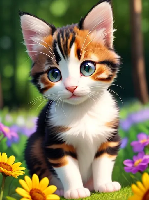 Prompt: Disney Pixar style calico kitten, highly detailed, intricate, big eyes, adorable, beautiful, soft dramatic lighting, light shafts, radiant, ultra high quality octane render, daytime forest background, field of flowers, bokeh, hypermaximalist
