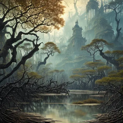 Prompt: Landscape painting, dark mangrove, ancient, sunken building, dull colors, danger, fantasy art, by Hiro Isono, by Luigi Spano, by John Stephens