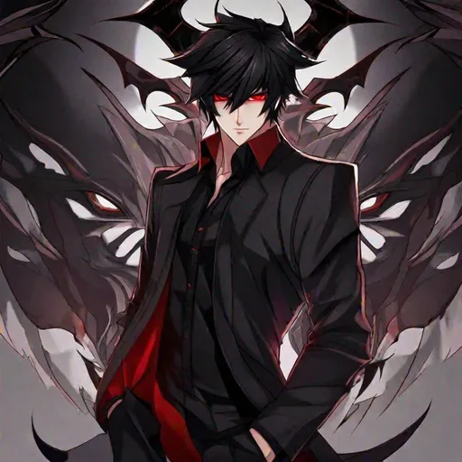 Prompt: Damien (male, short black hair, red eyes) a sadistic look on his face, demon form
