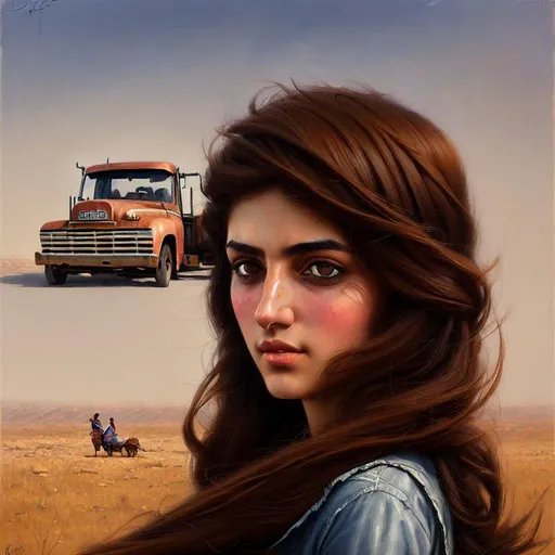 Prompt: Landscape of Iran girl with brown hair and with cute face, Truck, perfect composition, hyperrealistic, super detailed, 8k, high quality, trending art, trending on artstation, sharp focus, studio photo, intricate details, highly detailed, by greg rutkowski