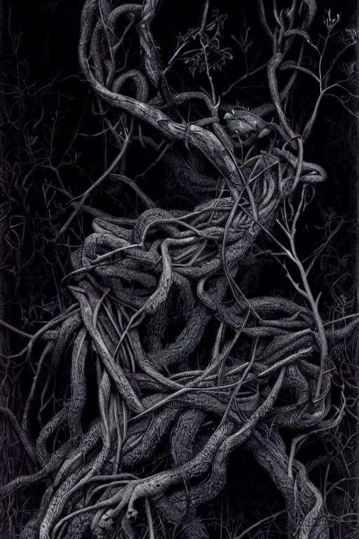 Prompt: Densely tangled forest branches , evocative, highly detailed. japanese Art,  Symbolism, Ornamental, Brad Kunkle