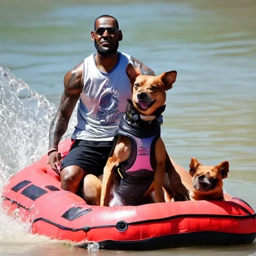 Prompt: a dog and lebron james stuck on a raft at sea