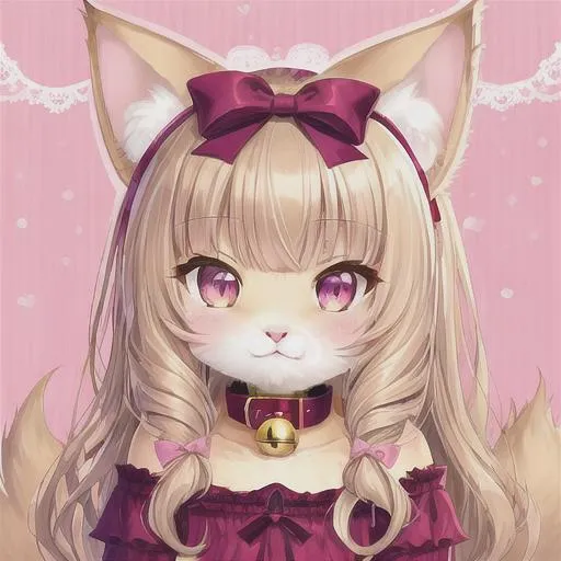 Prompt: adorable cat, pink eyes, tabby fur, chibi cat, cute furry, soft hair, anthro furry, anthropomorphic furry, bell collar, 