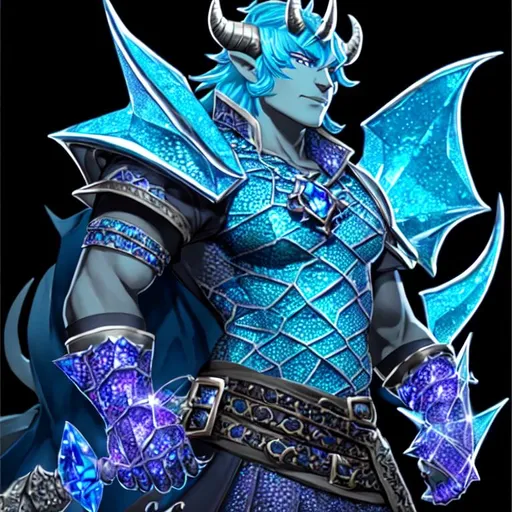 Prompt: Create a Dungeons and Dragons 5E, Male, Crystal Dragonborn. Use the image provided as a reference to start with. Character description: Galena crystal dragon born; Scales have a Damascus pattern design with a crystal like but also slightly metallic dragon scales. There is a line of sky blue scales running from his chin and down his torso. He has 3 horns pointing back and straight from his head. All crystal horns have a slight luminescent glow. Two horns are next to his eyebrows and the third is at the top center of his head. His hair is metallic strands in shades of white, azure blue, grey and black. He is wearing a tribal headpiece with feathers, beads and tribal designs. He is a solid 7' tall but slimmer than average dragonborn. he has azure blue, slit eyes with small, black, ridged eyebrow horns. He has a smooth and long snout with a hooked 'beak' in the front. The sides of his heads had fingered, horned webbing for ears which he can move.

He is dressed in what looks like a, Native American style garment that is mostly made of an azure blue fabric and with white tribal patterns and black/white/grey/blue feathers over a scale mail that seems like what a northerner would wear in appearance, with furs for padding, comforts and warmth in cold climates. He has a tribal bead, feather and rutile gem amulet (arcane focus). As a dragon born he does not wear footwear. He is equipped with a light hammer and hand axe on either side of the hip with a long bow in hand and quiver slung on his back. The entire character should be in frame, including the feet.