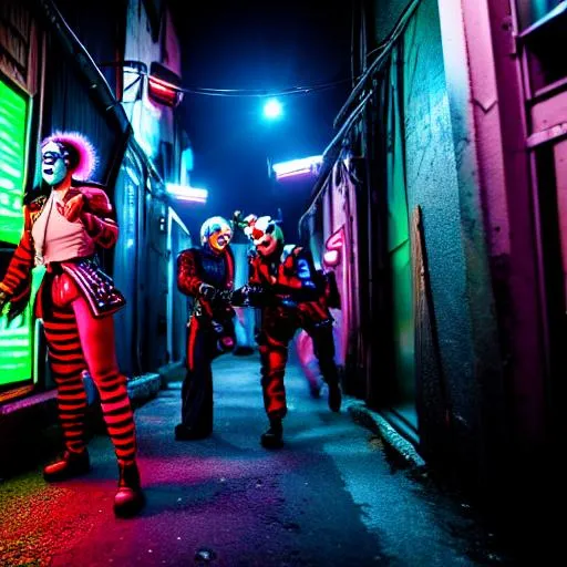 Prompt: getting jumped by cyberpunk clowns  in cyberpunk alleyway  