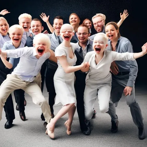 Prompt: Please create a happy group of people from a Professional Services organization.  They are dancing with big smiles on their faces.  Please make one of them albino.