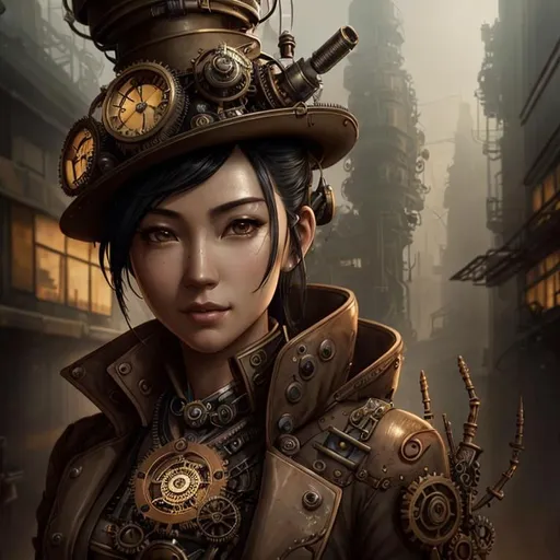Prompt: steampunk female machinist, mechanical, excited, skirt, symmetrical, perfect composition, hyperrealistic, super detailed, 8k, high quality, Splash art, front, epic Instagram, artstation, hyperdetailed intricately detailed, unreal engine, intricate detail, splash screen, complementary colors, concept art, 8k, heavy strokes, splash arts, full height, full body focus,
